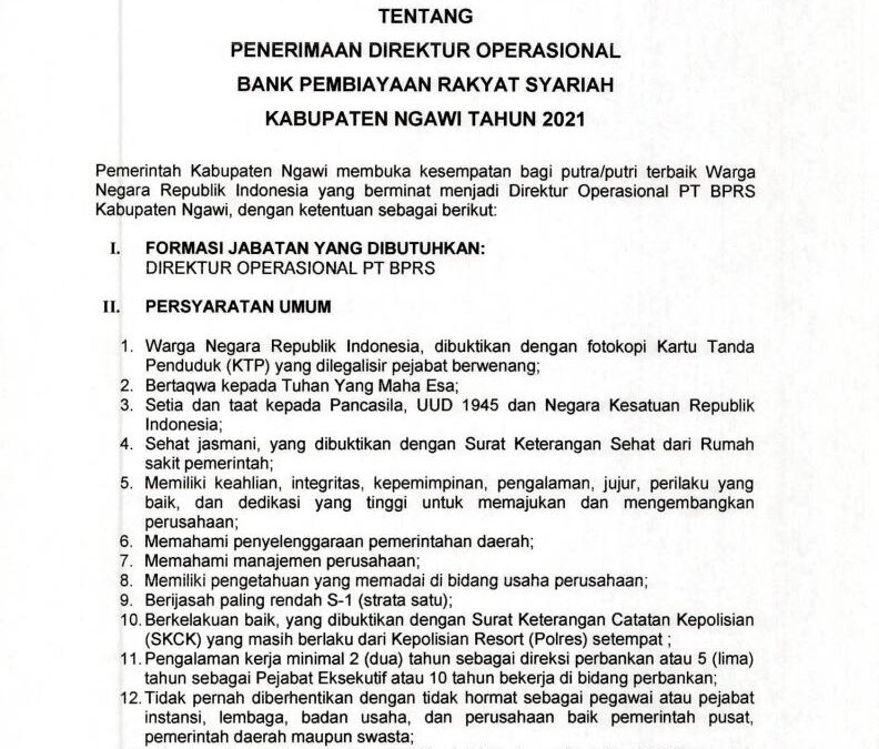 Seleksi Penerimaan Direktur Operasional Bank Pembiayaan Rakyat Syariah (BPRS) Kabupaten Ngawi Tahun 2021