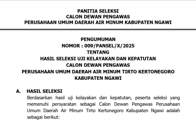 Pengumuman Hasil Seleksi Uji Kelayakan dan Kepatutan Calon Dewan Pengawas Perusahaan Umum Daerah Air Minum Tirto Kertonegoro Kabupaten Ngawi